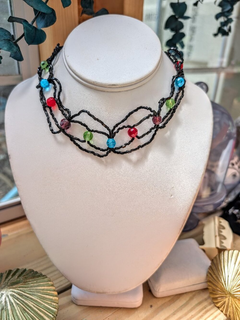 1990's Vintage Beaded Necklace with Black Swoops & Colorful Bead Centers